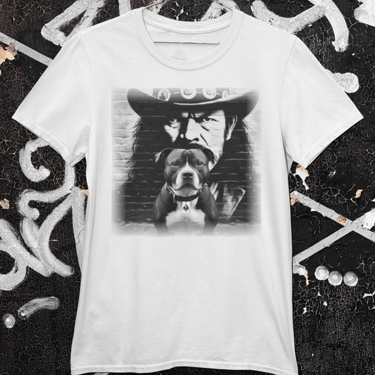 graphic t-shirt featuring a Staffy wearing an Ace of Spades collar in front of a Lemmy Kilmister brick mural portrait.