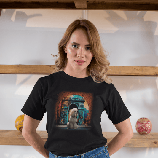 Young woman with wavy hair wearing a black graphic t-shirt featuring an elegant white groomed Poodle sitting in front of a colorful Parisian Arc de Triomphe brick wall mural.