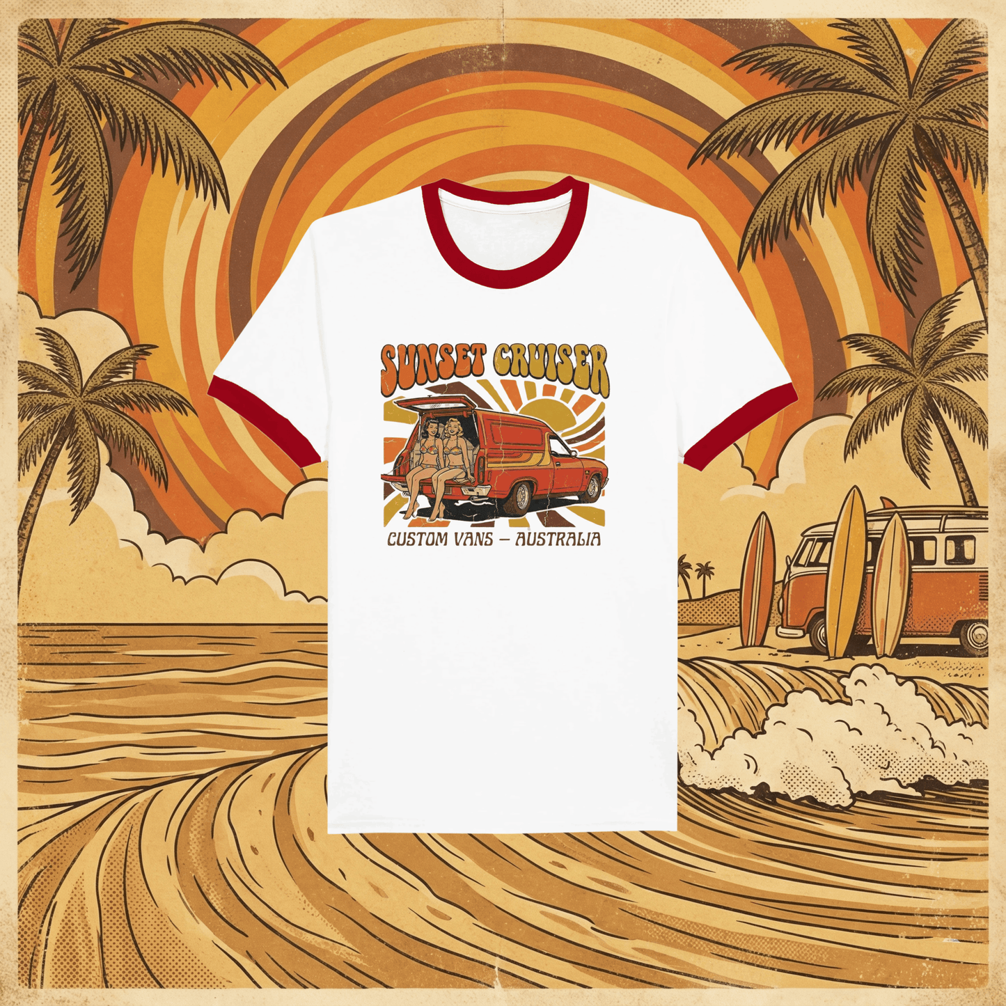 Sunset Cruiser Retro Ringer T-Shirt | Vintage Australian Surf Van Tee