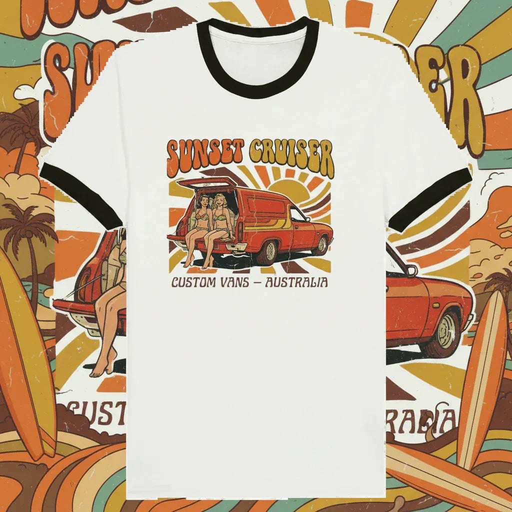 White t-shirt with black ringer sleeves featuring a graphic of a van and people, labeled 'Sunset Cruiser Custom Vans Australia'.
