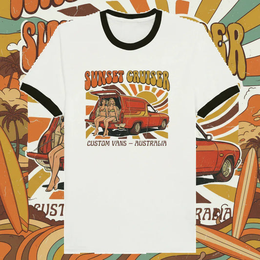 White t-shirt with black ringer sleeves featuring a graphic of a van and people, labeled 'Sunset Cruiser Custom Vans Australia'.