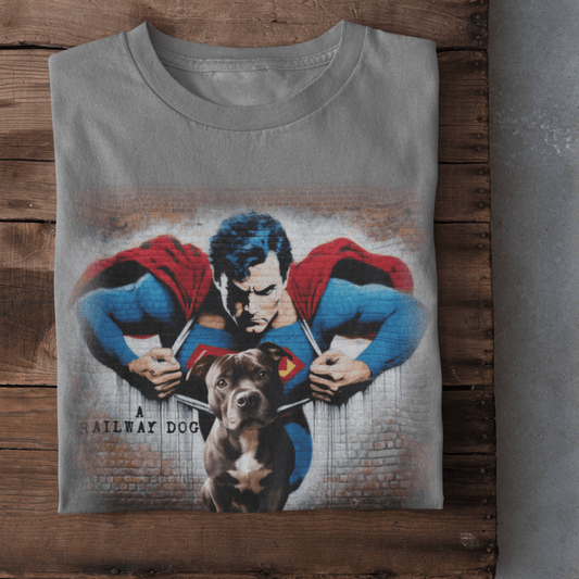 graphic t-shirt featuring Superman ripping open his shirt behind a Staffy dog with text reading "A Railway Dog."