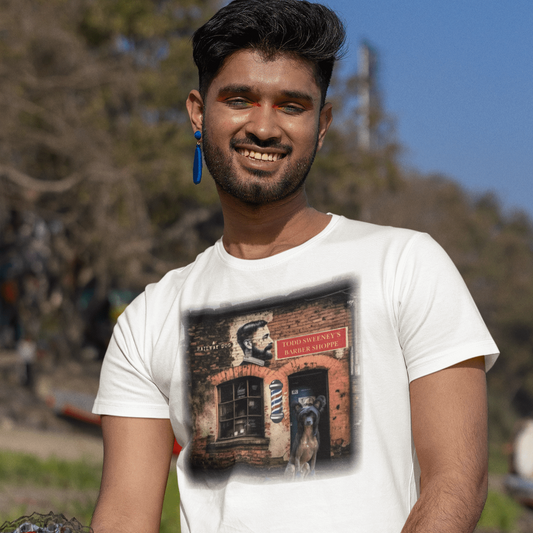 graphic t-shirt featuring a detailed "Todd Sweeney's Barber Shoppe" print on a smiling man with a blue earring. A unique, vintage-style t-shirt with a dog and barber pole design.