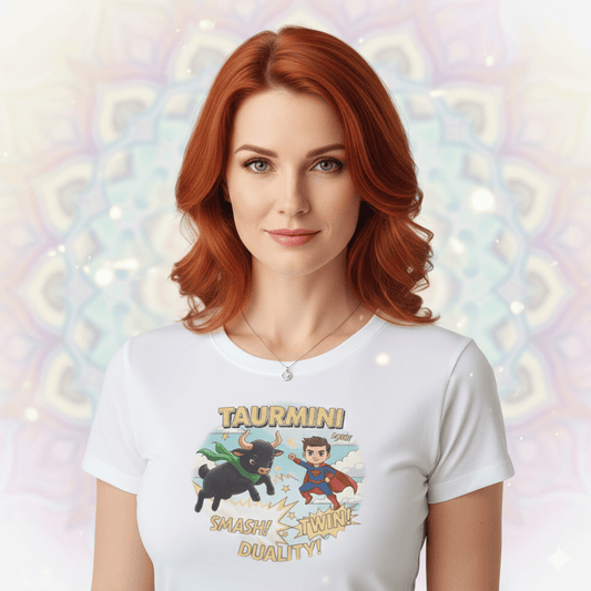 This image features an attractive woman in her late 30s with vibrant red hair styled in a short, wavy cut. She is wearing a white women’s-cut graphic t-shirt that showcases a "new age" vibe with a cosmic, mandala-like background. The shirt itself features a playful zodiac-themed illustration labeled "TAURMINI," depicting a black bull and a superhero-like character labeled "TWIN!" above the words "SMASH! DUALITY!".