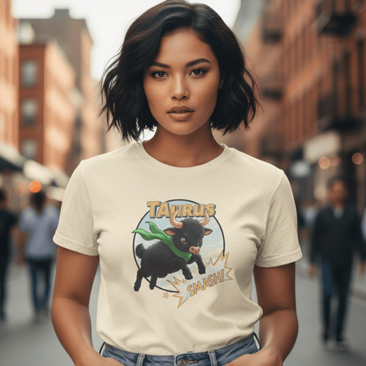 A medium shot of a young woman with short, wavy black hair standing on a blurred city street. She is wearing a cream-colored t-shirt featuring a cartoon illustration of a small, muscular black bull with a green cape and the words "TAURUS SMASH!" written in a comic-book style font. She has her hands in the pockets of her blue jeans and is looking directly at the camera with a neutral expression. The background shows a typical urban setting with brick buildings and out-of-focus pedestrians.