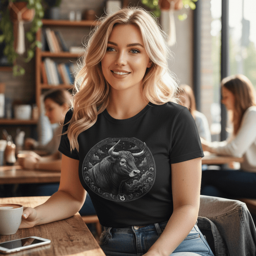 A blonde woman sits at a wooden table in a brightly lit cafe, smiling and holding a white coffee cup. She wears a black t-shirt featuring a circular, grayscale graphic of the Taurus zodiac sign, which depicts a powerful bull amidst clouds and stars with the Taurus symbol at the bottom. A smartphone lies on the table in front of her, and other patrons are blurred in the background of the warm, cozy interior