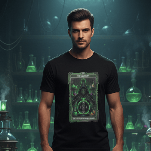 Man standing wearing an Alchemist Tarot Tshirt in a mystical laboratory with glowing green and purple potions.