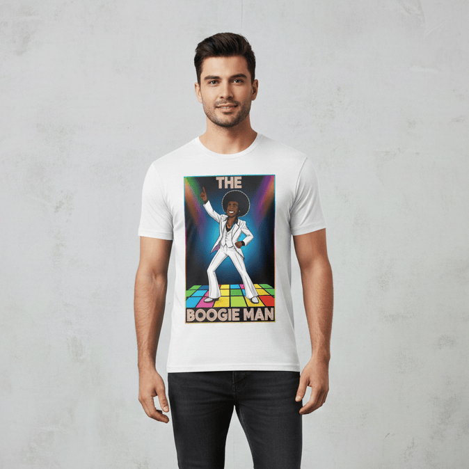 A graphic t-shirt featuring "The Boogie Man," a cartoon man of African American origin with a large afro, wearing a white disco suit and striking a dance pose on a colorful, lighted dance floor.