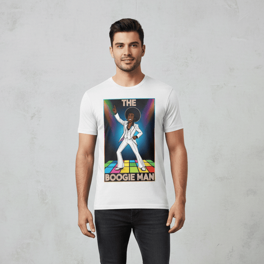 A graphic t-shirt featuring "The Boogie Man," a cartoon man of African American origin with a large afro, wearing a white disco suit and striking a dance pose on a colorful, lighted dance floor.