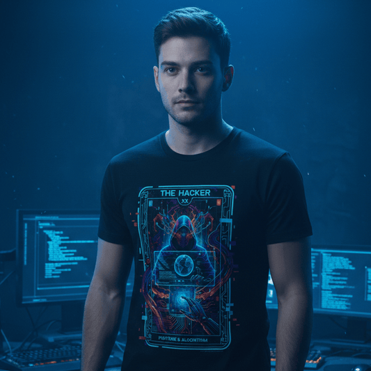 A young man in his 20s wearing a black t-shirt featuring 'The Hacker' tarot card graphic design. He is standing in a dark room with moody blue cinematic lighting, with blurred computer monitors and a desk in the background.