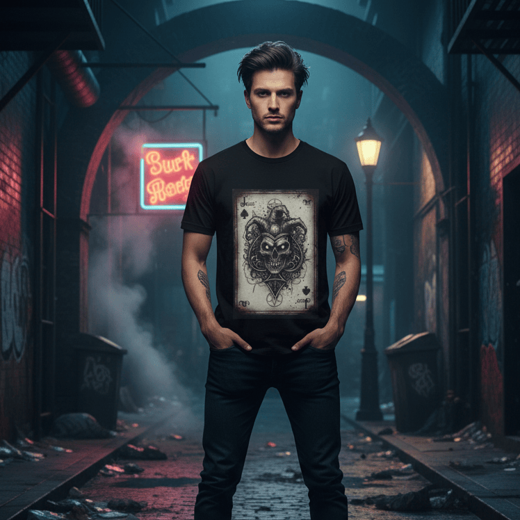 Man wearing a black Joker t-shirt with a graphic design in a dark, urban alleyway.