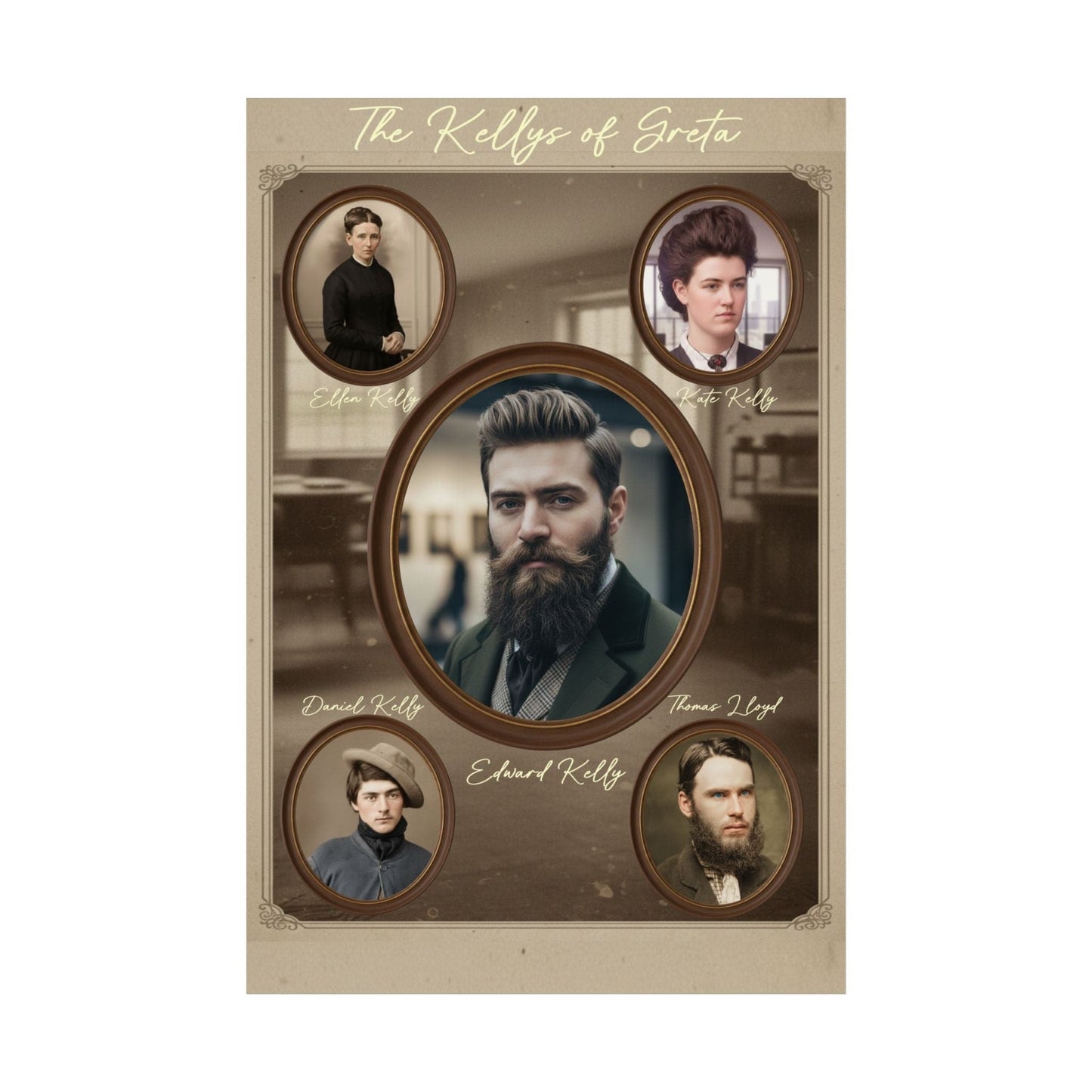 Family tree poster of the Kellys of Gretna with portraits and names.