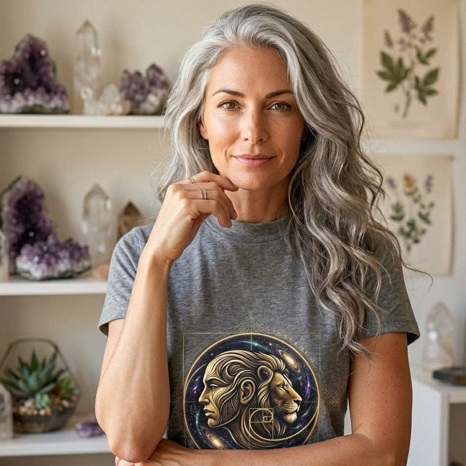 A medium shot shows a woman with long, wavy grey hair wearing a heather grey t-shirt with a gold and silver design on the front. On the shirt, a golden lion's head is on the left facing right, and a human face is on the right facing left. They have golden lines following their features that meet to form a golden spiral. At the very top, numbers from the Fibonacci sequence from 1 to 21 are in gold. In the background, behind the design, are nebulae with a grid-like pattern around it. The woman is smiling and 