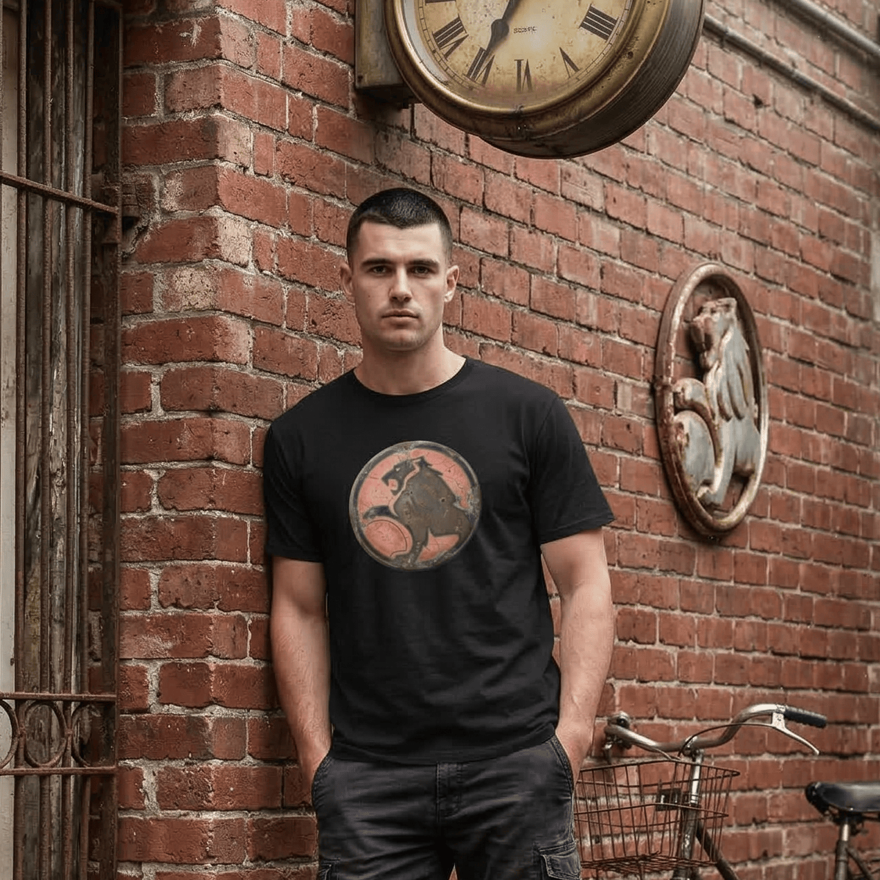 Man leaning against a brick wall with a Vintage Holden Tee