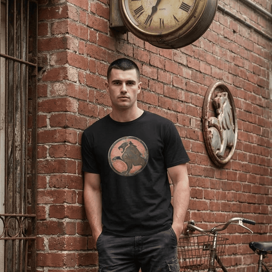 Man leaning against a brick wall with a Vintage Holden Tee