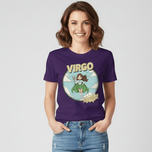 Virgo zodiac superhero t-shirt design featuring a female hero in a green and white suit with a cape, holding stalks of wheat. Includes retro comic typography saying 'VIRGO' and 'GROW!
