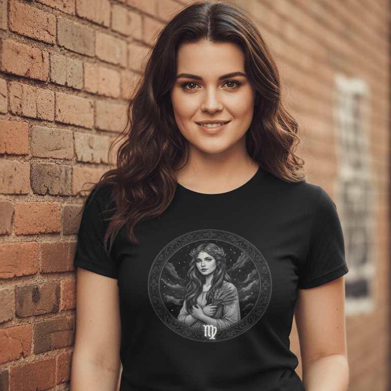 A smiling young woman with long dark hair stands against a rustic red brick wall in an alleyway, wearing a black t-shirt. The shirt features a circular, grayscale graphic of the Virgo zodiac sign, depicting a celestial woman holding a bundle of wheat with the Virgo symbol at the bottom. She has one hand in the pocket of her blue jeans.