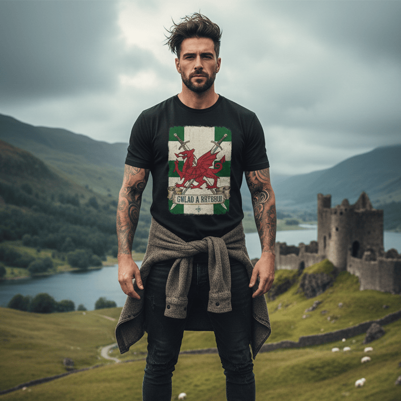 Man wearing a t-shirt with a Welsh dragon design in a scenic landscape with a castle.