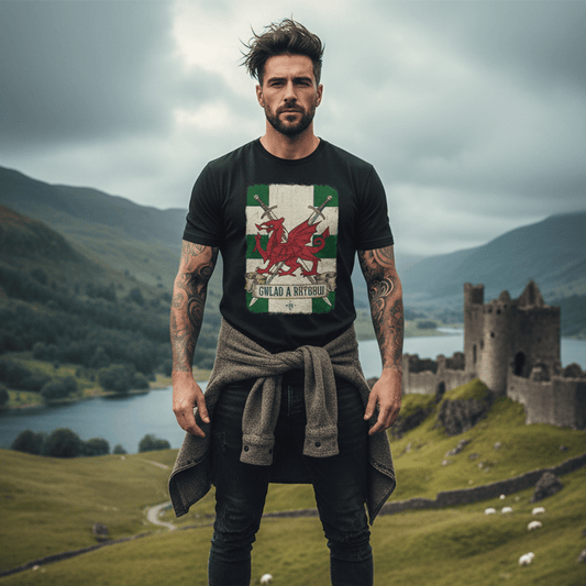 Man wearing a t-shirt with a Welsh dragon design in a scenic landscape with a castle.