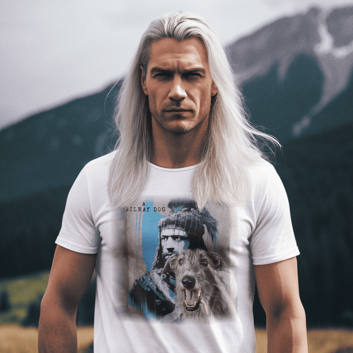 graphic t-shirt featuring a Scottish Deerhound in front of a William Wallace Braveheart-inspired mural with text reading "A Railway Dog."