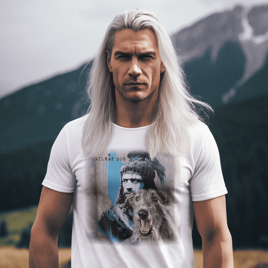 graphic t-shirt featuring a Scottish Deerhound in front of a William Wallace Braveheart-inspired mural with text reading "A Railway Dog."