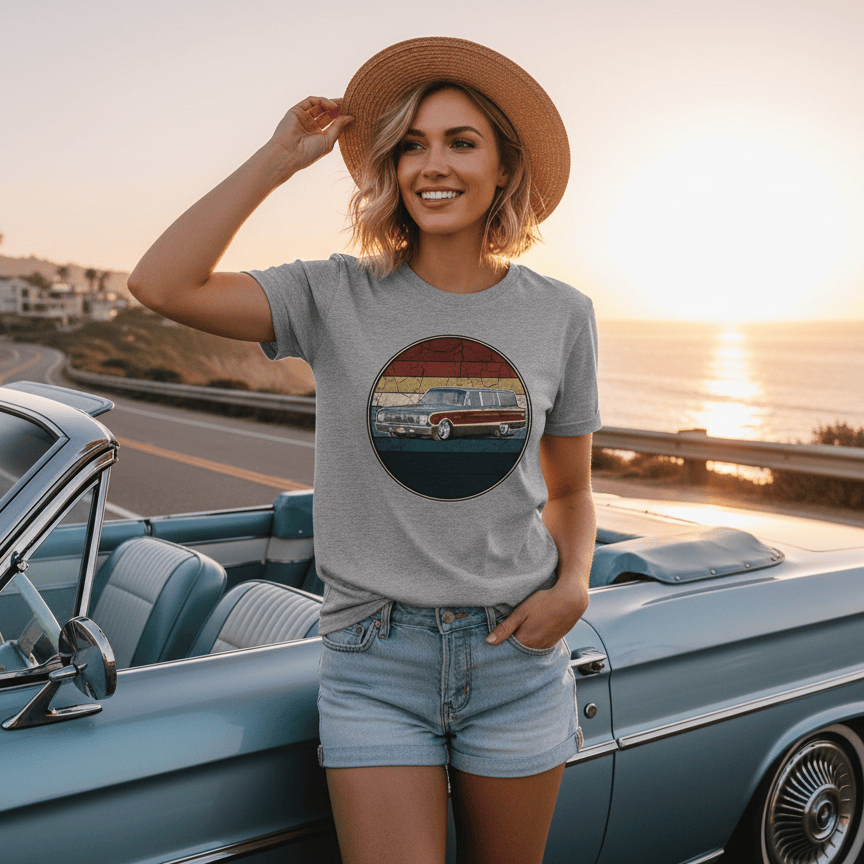 Woman standing next to a classic car with a scenic background