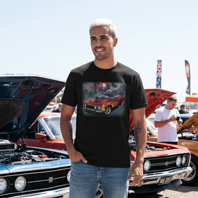Classic Muscle Car T-Shirt — XB Falcon with Flames Graphic - That Should Be on a T-Shirt