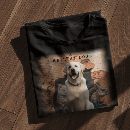 Flat-lay mockup of a folded black graphic t-shirt on a warm wooden floor in natural sunlight, featuring a smiling yellow Labrador Retriever sitting before a brick wall cutout mural with curious squirrels and "A Railway Dog" stencil text. Labrador "SQUIRREL" T-Shirt