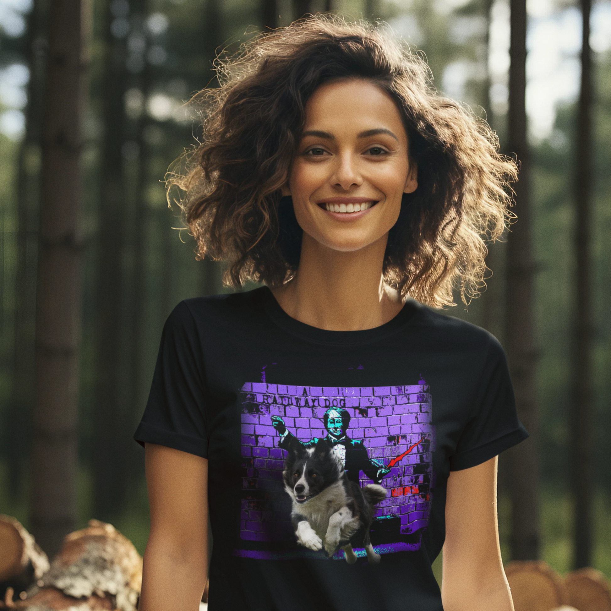 A Border Collie dog, known for its intelligence and herding ability, featured on a t-shirt.