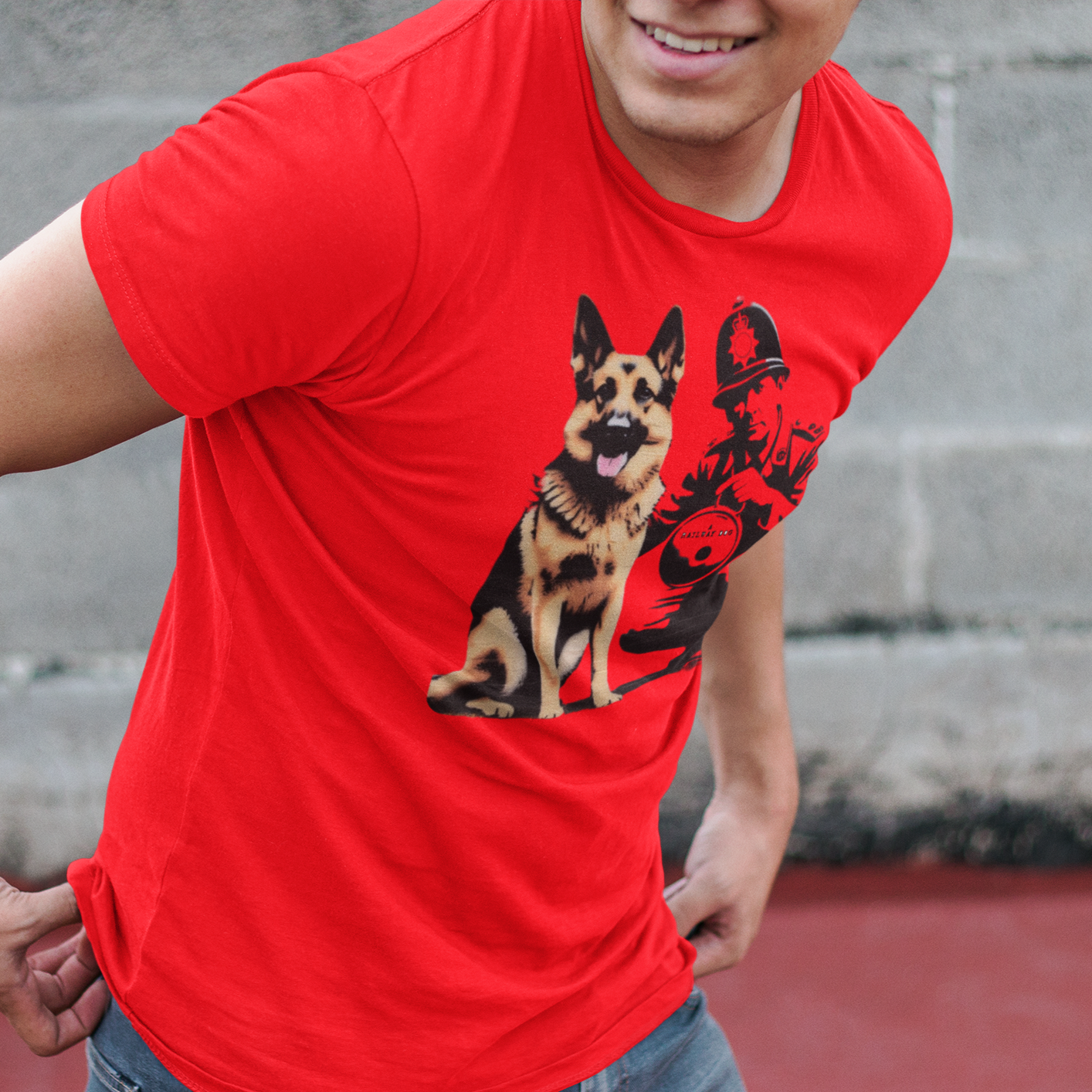 T-shirt with a graphic image of a German Shepherd dog