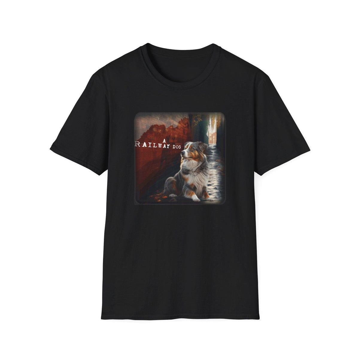graphic t-shirt featuring an Australian Shepherd in a moody alleyway with typewriter text reading "A Railway Dog."