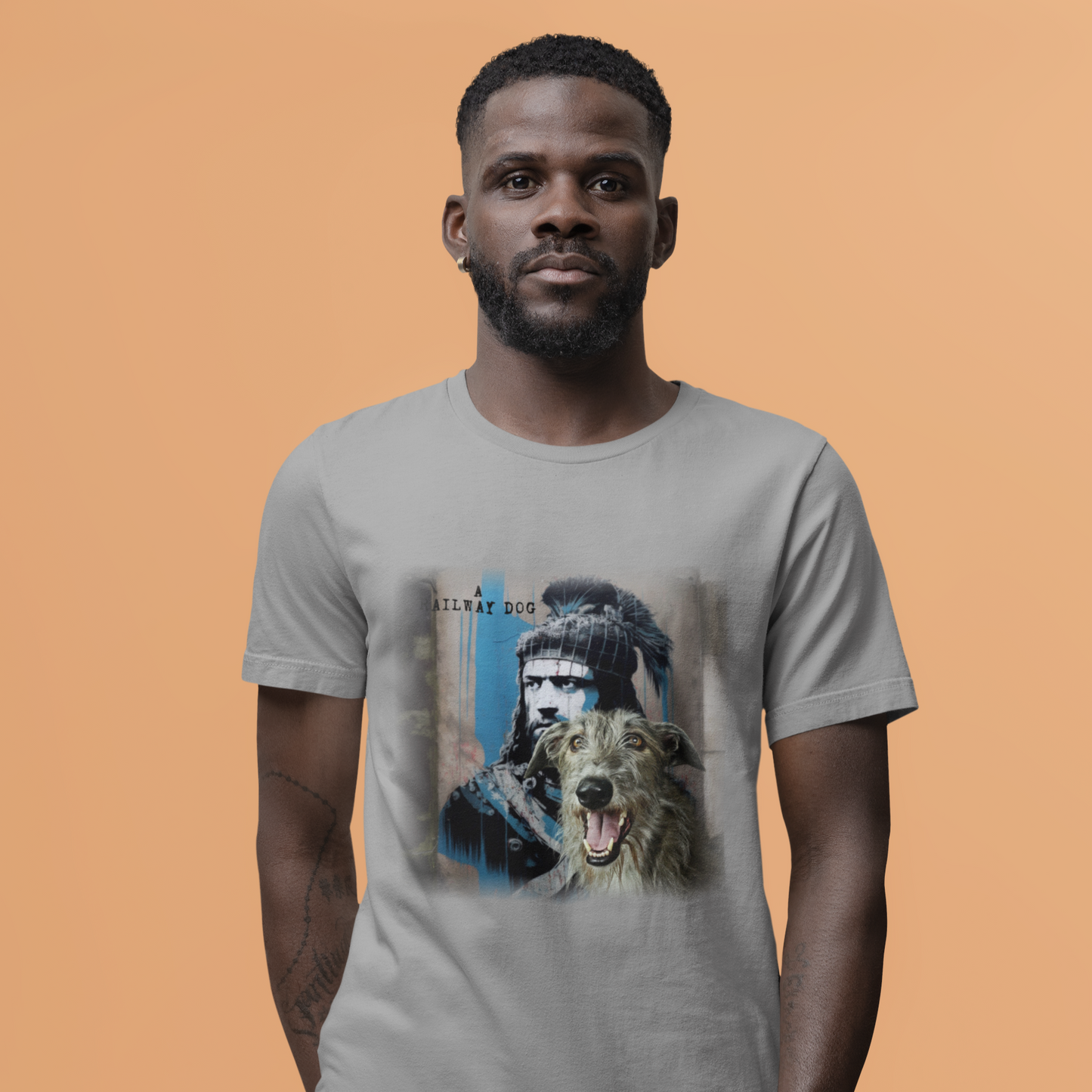 T-shirt featuring a graphic design of a Scottish Deerhound dog and William Wallace, a Scottish historical figure.