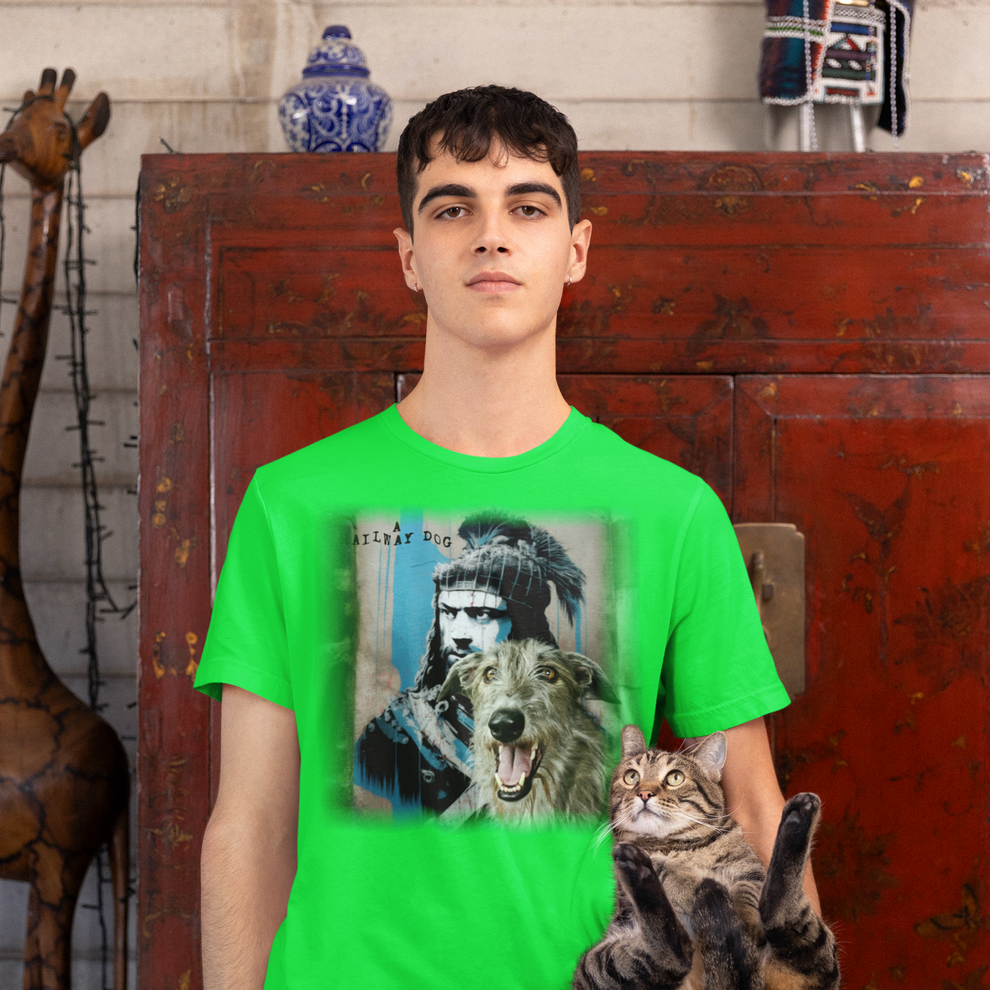 T-shirt featuring a graphic design of a Scottish Deerhound dog and William Wallace, a Scottish historical figure.