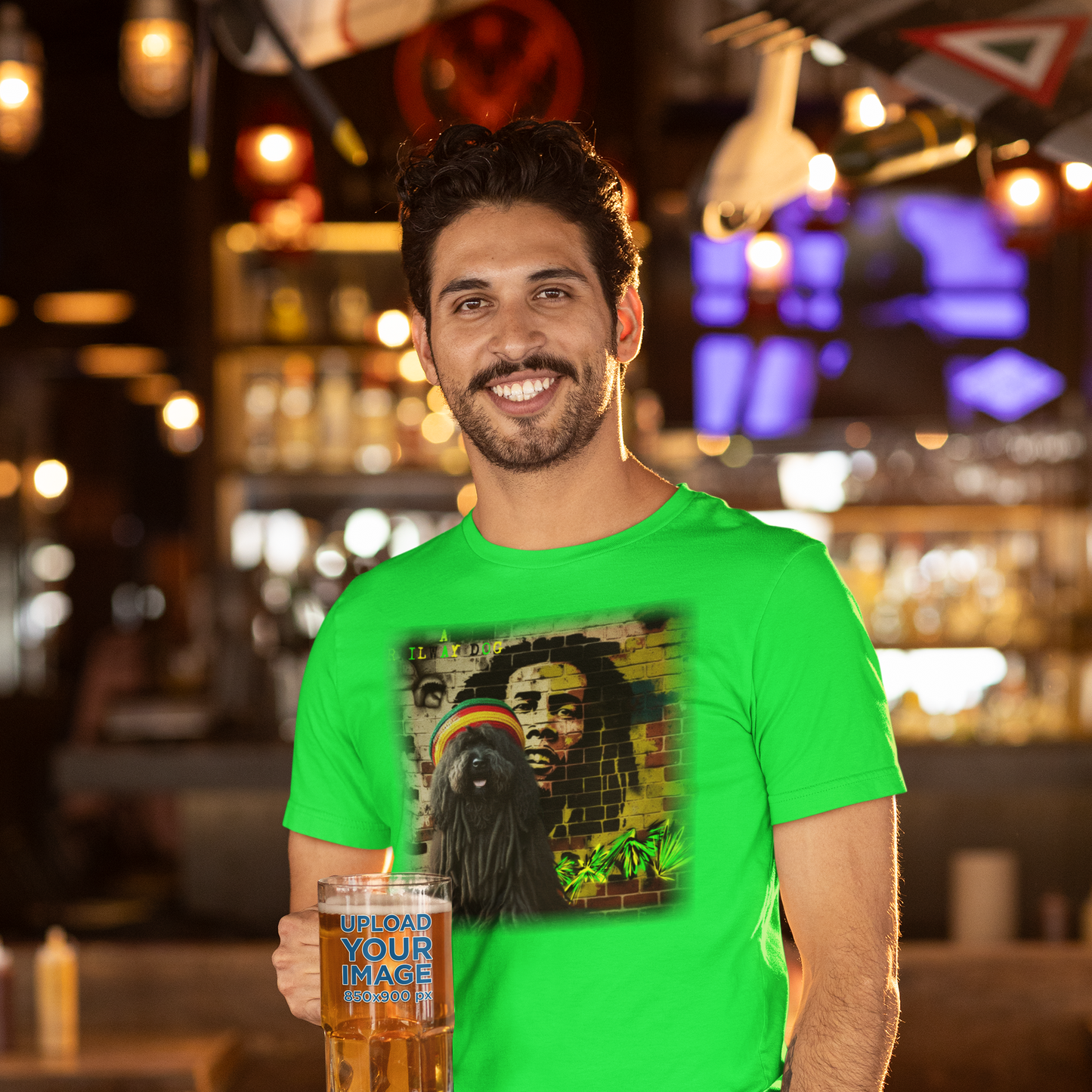 T-shirt featuring a Puli dog and Bob Marley, a reggae legend.