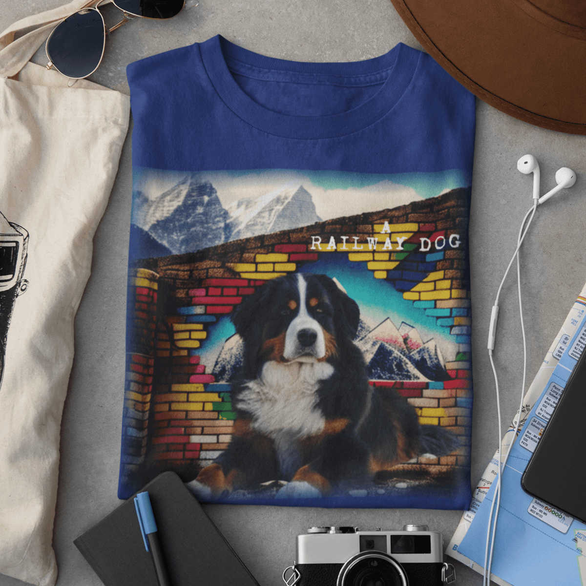 Vintage Bernese Mountain Dog Portrait Illustration on Premium Cotton Graphic blue Tee