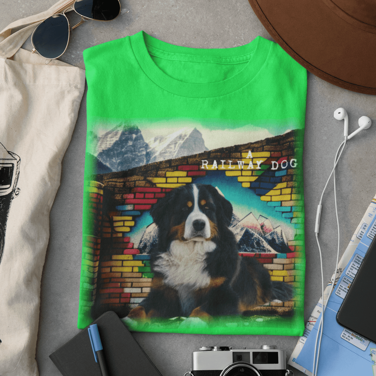 Vintage Bernese Mountain Dog Portrait Illustration on Premium Cotton Graphic green Tee