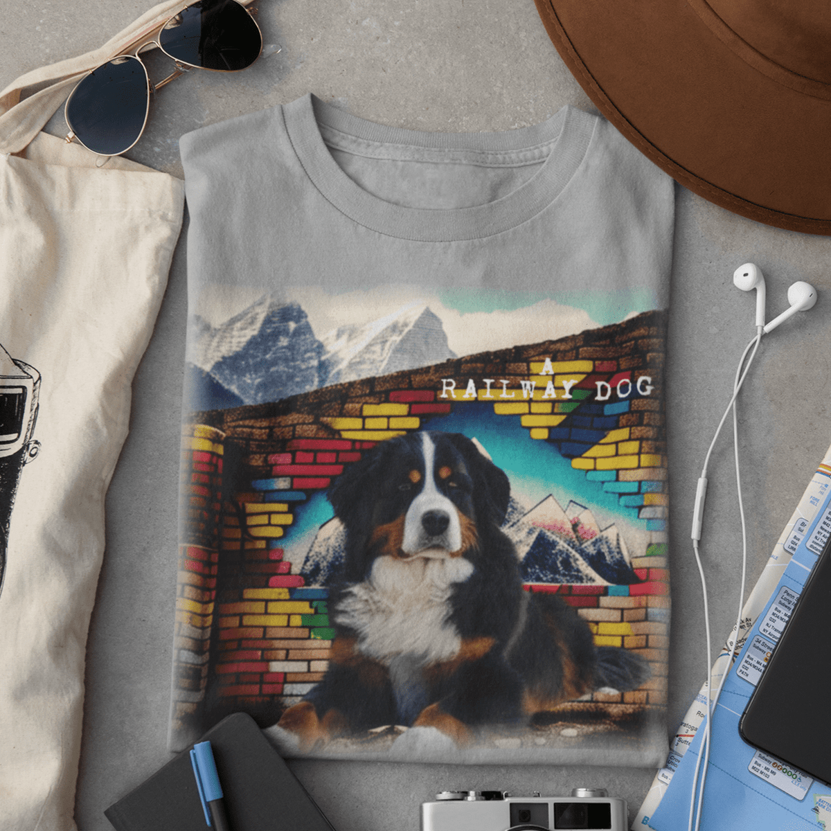 Vintage Bernese Mountain Dog Portrait Illustration on Premium Cotton Graphic grey Tee