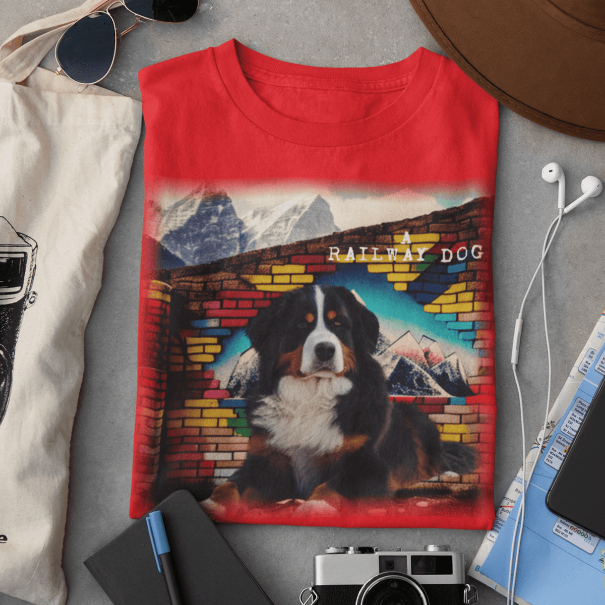 Vintage Bernese Mountain Dog Portrait Illustration on Premium Cotton Graphic red  Tee