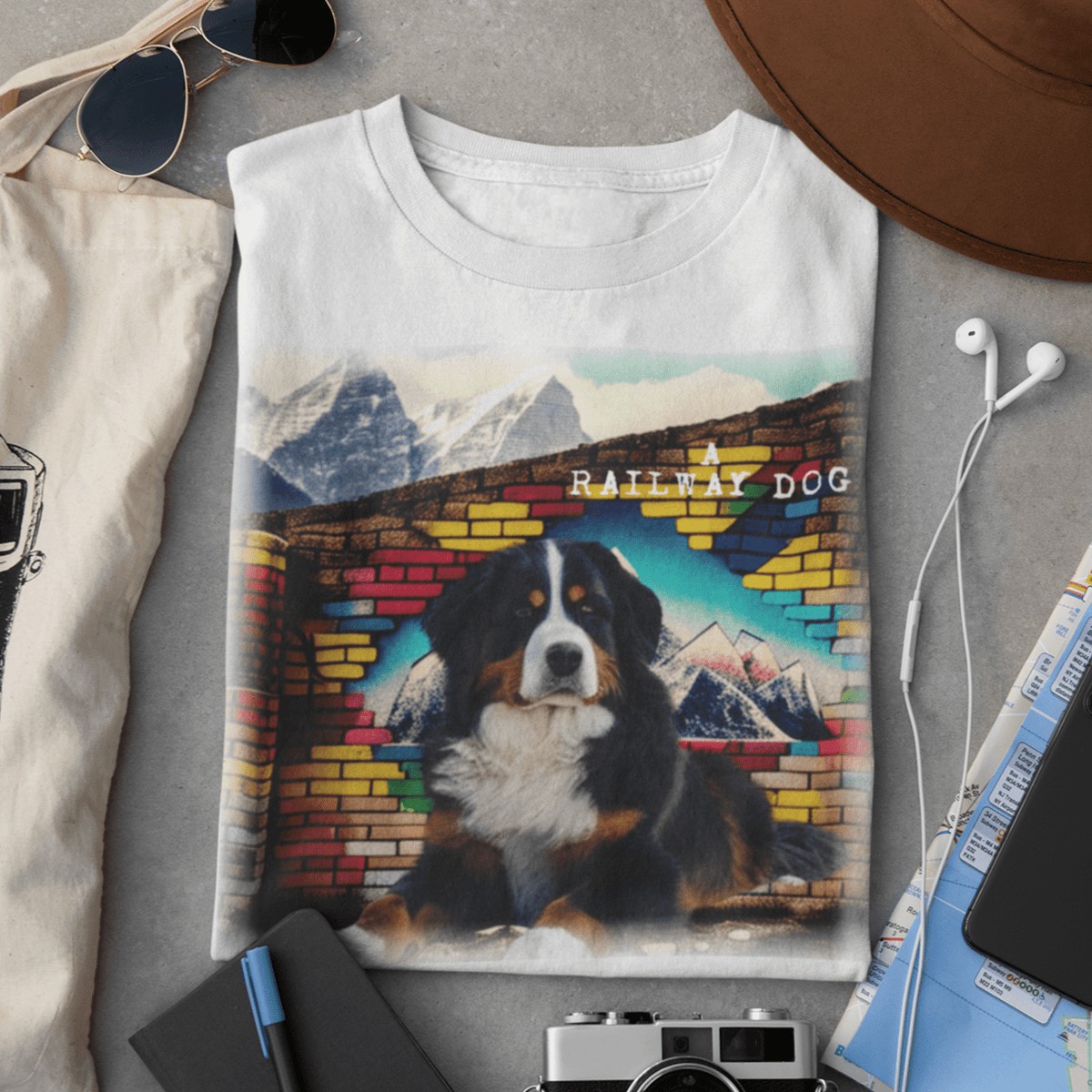 Vintage Bernese Mountain Dog Portrait Illustration on Premium Cotton Graphic white Tee