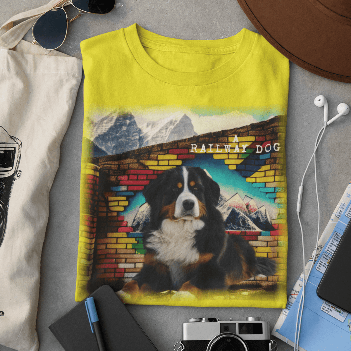 Vintage Bernese Mountain Dog Portrait Illustration on Premium Cotton Graphic yellow Tee