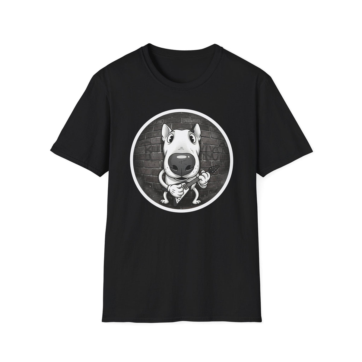 Black graphic t-shirt featuring a cartoon Bull Terrier rocking out on an electric guitar inside a circular brick mural frame.