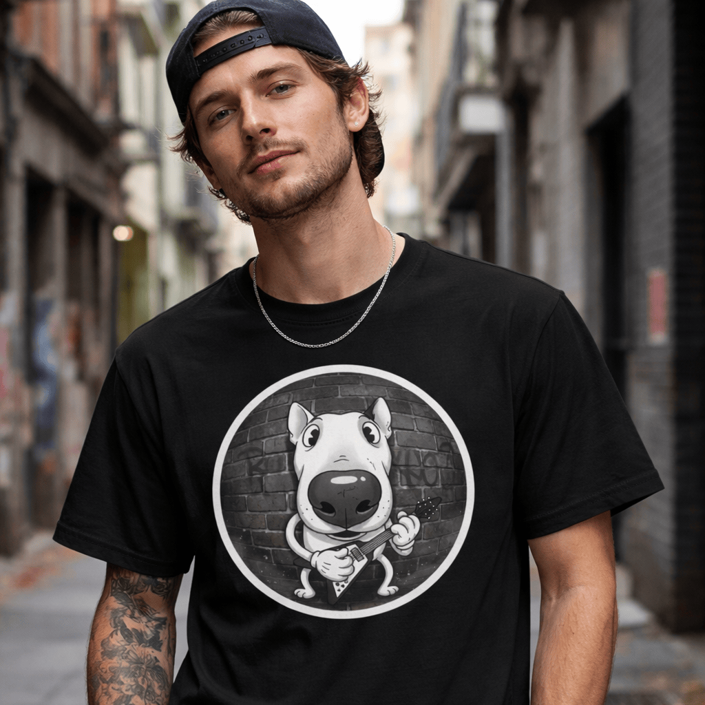 Cute Bull Terrier Face Graphic Print on Black Cotton T-Shirt