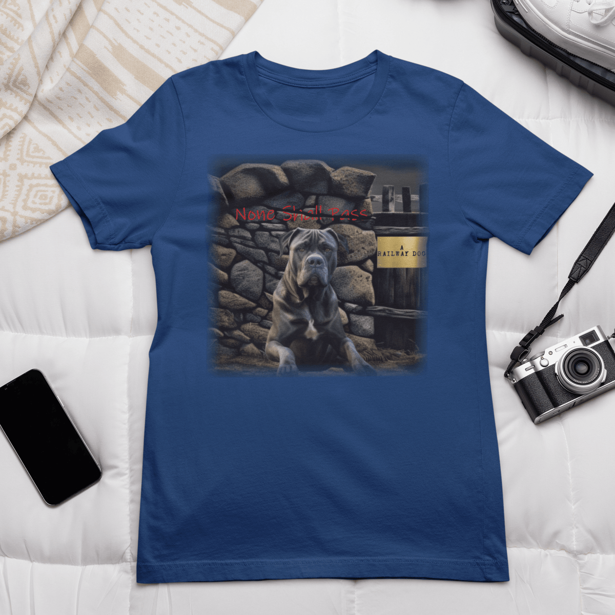 Cane Corso None Shall Pass Bold Guard Dog Graphic Print on blue Unisex T-Shirt