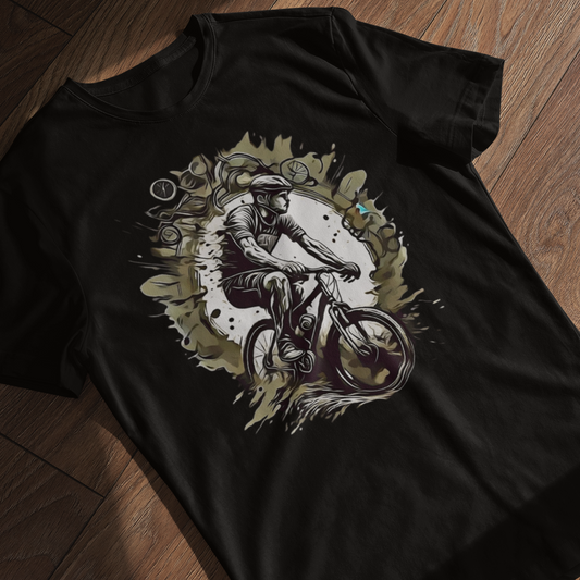 T-shirt with a graphic image of a mountain bike.