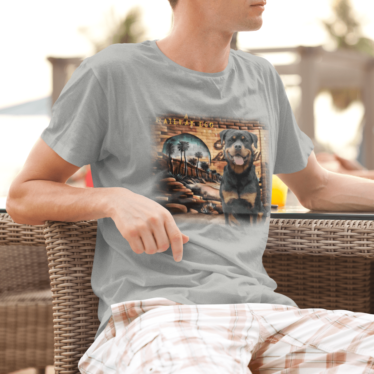 A t-shirt featuring a Rottweiler dog with a relaxed California vibe.