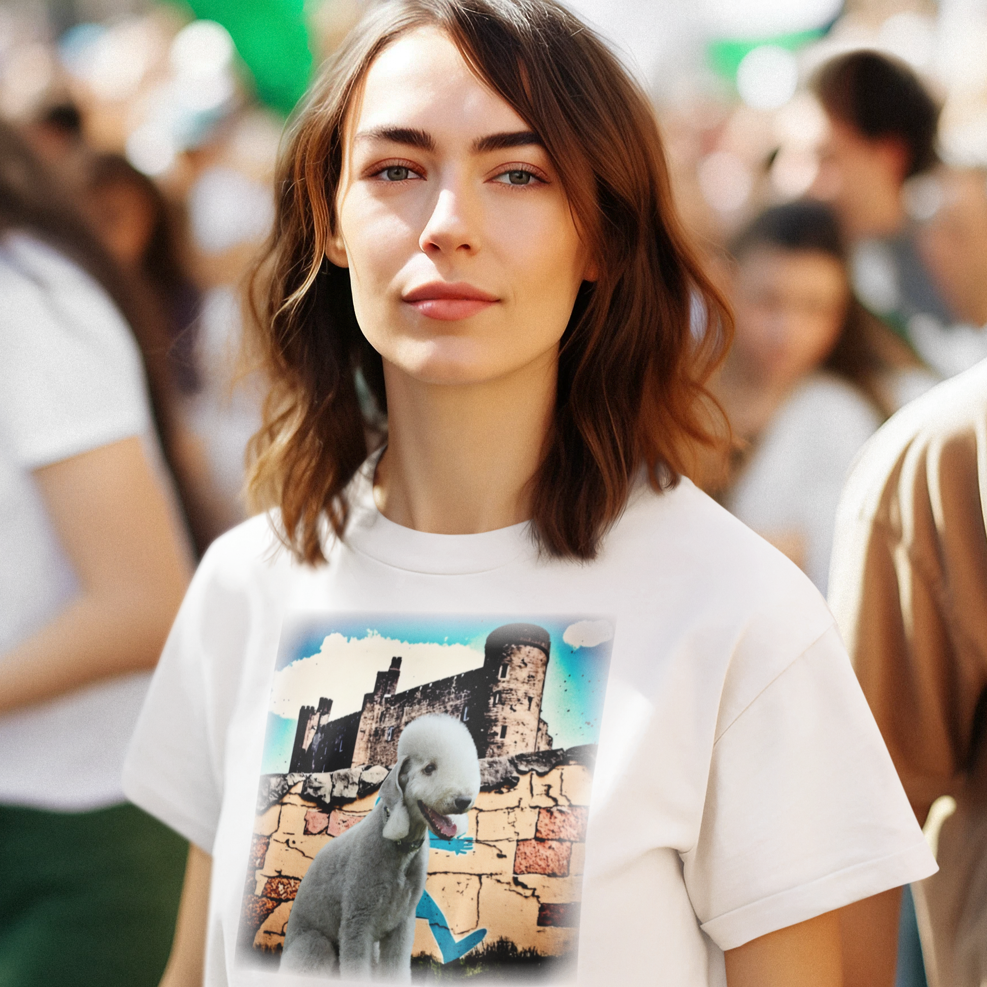 T-shirt featuring a graphic image of a Bedlington Terrier dog.