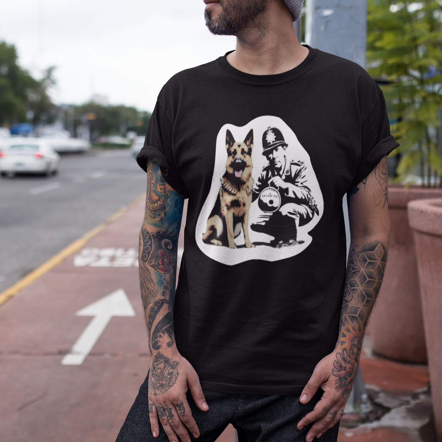 T-shirt with a graphic image of a German Shepherd dog