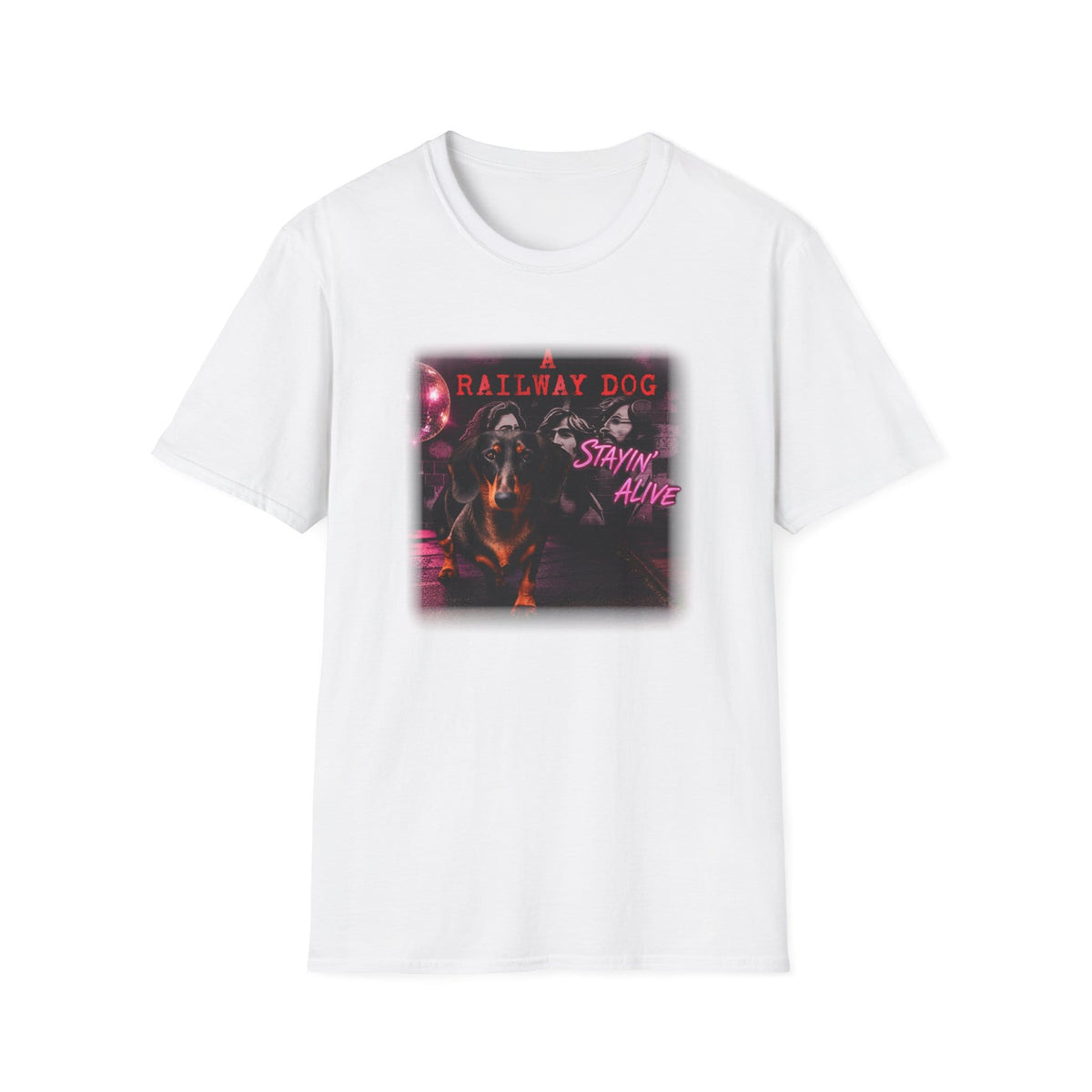 White graphic t-shirt featuring a dachshund walking a disco dancefloor with the Bee Gees, "A Railway Dog," and neon pink "Stayin' Alive" text.