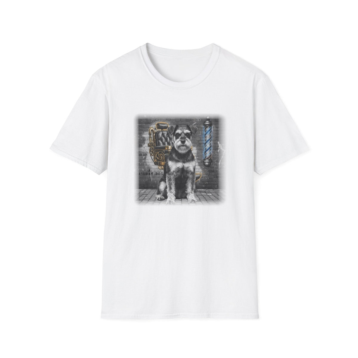 graphic t-shirt featuring a Schnauzer dog in front of a vintage barbershop chair and barber pole with "A Railway Dog" text.