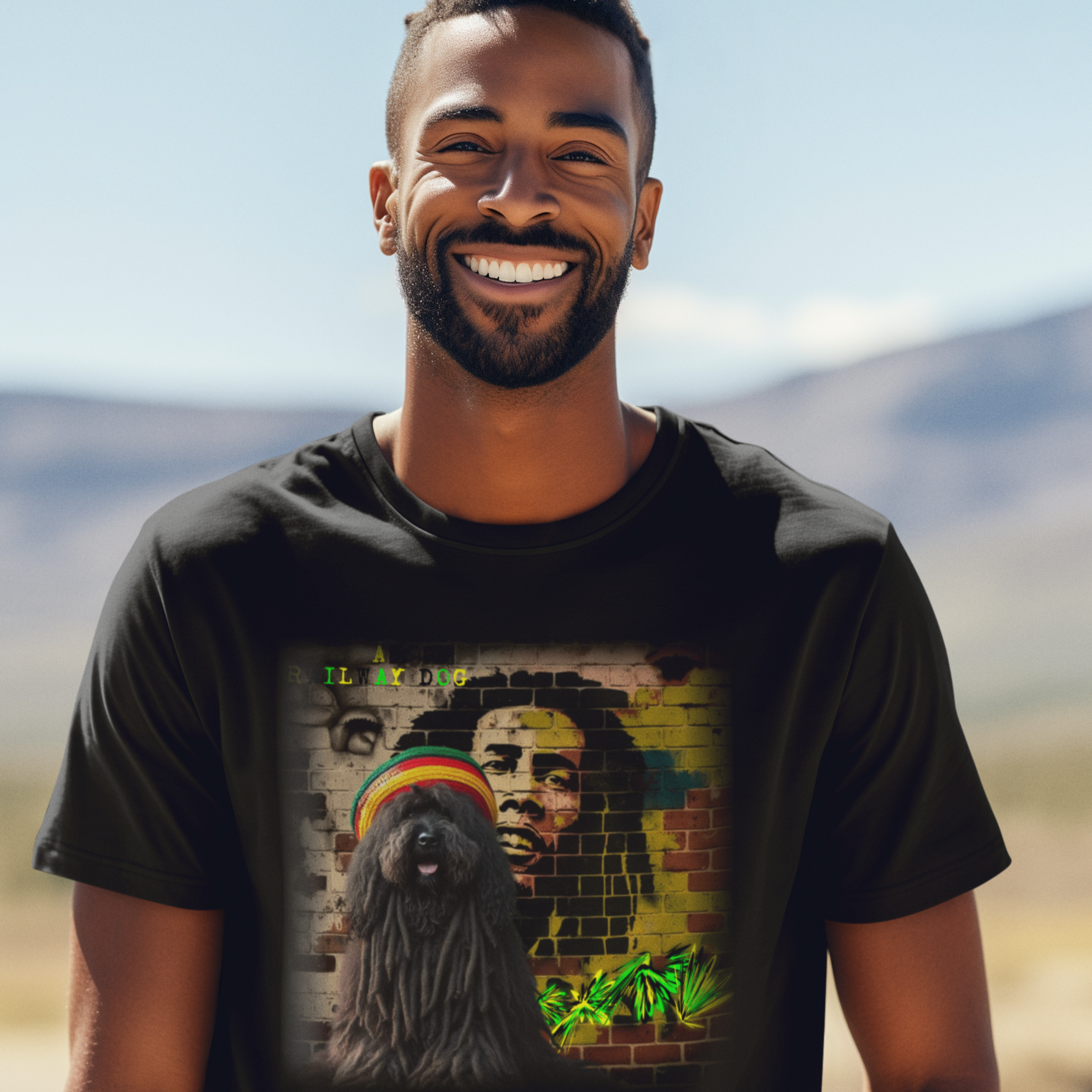 T-shirt featuring a Puli dog and Bob Marley, a reggae legend.